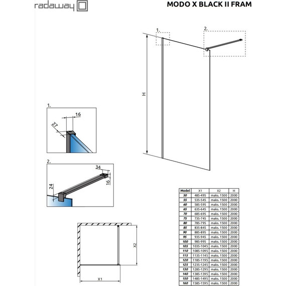 Душевая перегородка Radaway Modo X Black II Frame 50х200 см 389254-54-56 (стекло 10 мм), черный/прозрачное - фото 4