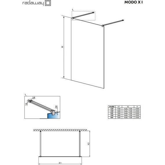 Душевая перегородка Radaway Modo X Black I 130х200 см 388334-54-01 (стекло 10 мм), черный/прозрачное - фото 3