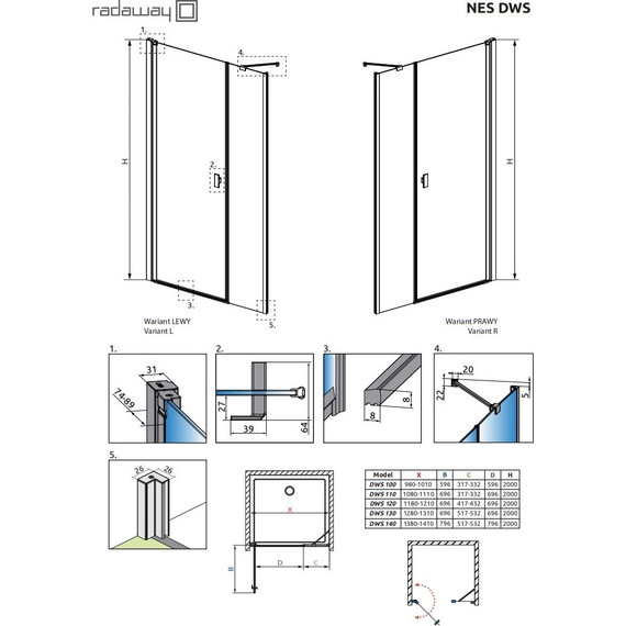 Душевая дверь Radaway Nes Black DWS 140 см 10028140-54-01L, черный/прозрачное - фото 8