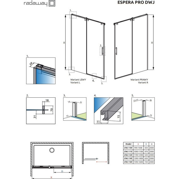 Душевая дверь Radaway Espera Pro DWJ front 100 см L (стекло 8 мм), хром/прозрачное - фото 8