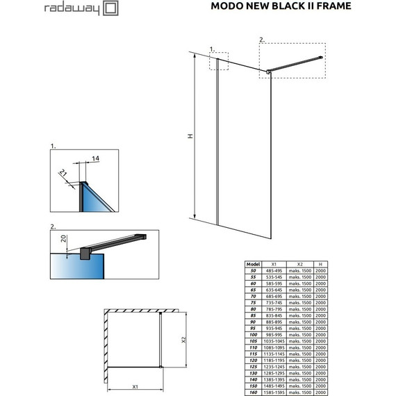 Душевая перегородка Radaway Modo New Black II Frame 50х200 см 389054-54-56 (стекло 8 мм), черный/прозрачное - фото 4