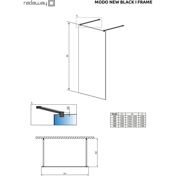 Душевая перегородка Radaway Modo New Black I Frame 130х200 см 388134-54-58 (стекло 8 мм), черный/прозрачное - фото 4