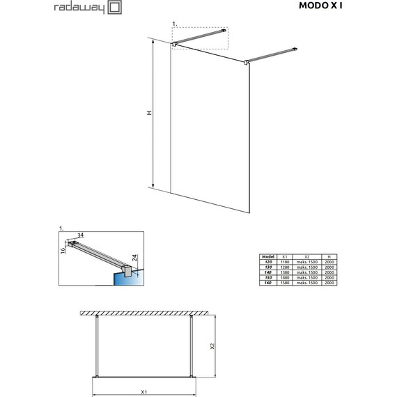 Душевая перегородка Radaway Modo X I 160х200 см 388364-01-01 (стекло 10 мм), хром/прозрачное - фото 4