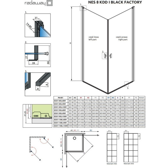 Душевое ограждение Radaway Nes 8 Black KDD I Factory 100х100 см (стекло 8 мм), черный/прозрачное - фото 6