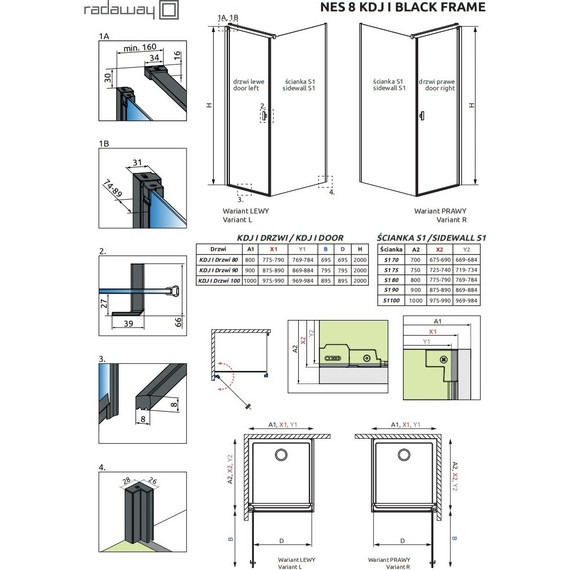 Душевое ограждение Radaway Nes 8 Black KDJ I Frame + S1 80х80 см R (стекло 8 мм), черный/прозрачное - фото 6