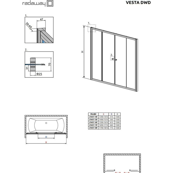 Шторка для ванны Radaway Vesta DWD 150 см 203150-01, хром/прозрачное - фото 6