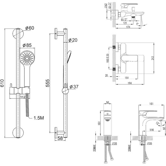 Набор смесителей 3 в 1 для ванны с коротким изливом Imprese Bilina - фото 5