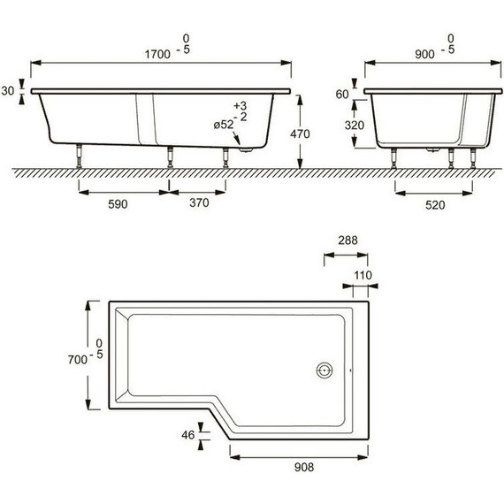 Ванна акриловая Jacob Delafon Bain Douche Neo 170х90 см R E6D002R-00 с ножками, Размер - мм: 1700х900 - фото, картинка 7 Ванна акриловая Jacob Delafon Bain Douche Neo 170х90 см R E6D002R-00 с ножками, Размер - мм: 1700х900 - фото 7
