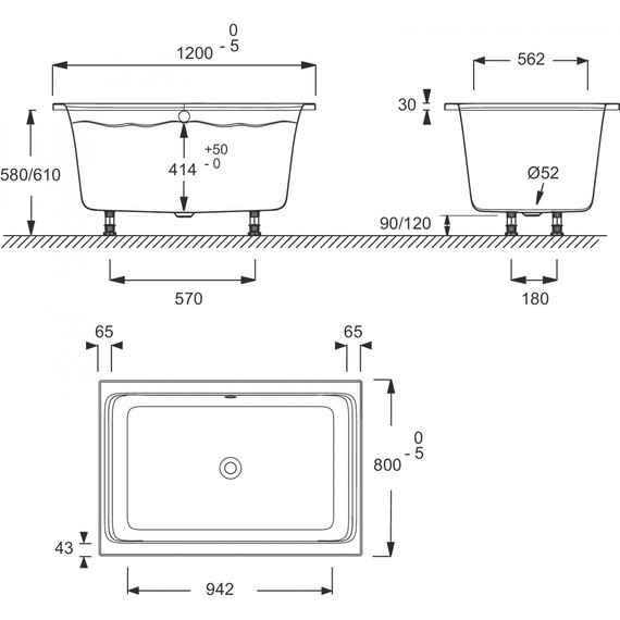 Ванна акриловая Jacob Delafon Capsule 120х80 см E6D122-00 с ножками, Размер - мм: 1200х800 - фото 3