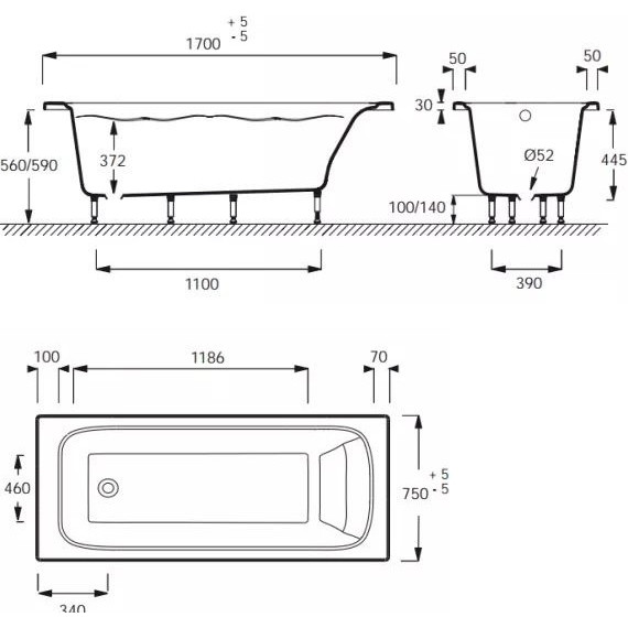 Ванна акриловая Jacob Delafon Elite 170х75 см E6D031RU-00 с ножками, Размер - мм: 1700х750 - фото, картинка 7 Ванна акриловая Jacob Delafon Elite 170х75 см E6D031RU-00 с ножками, Размер - мм: 1700х750 - фото 7