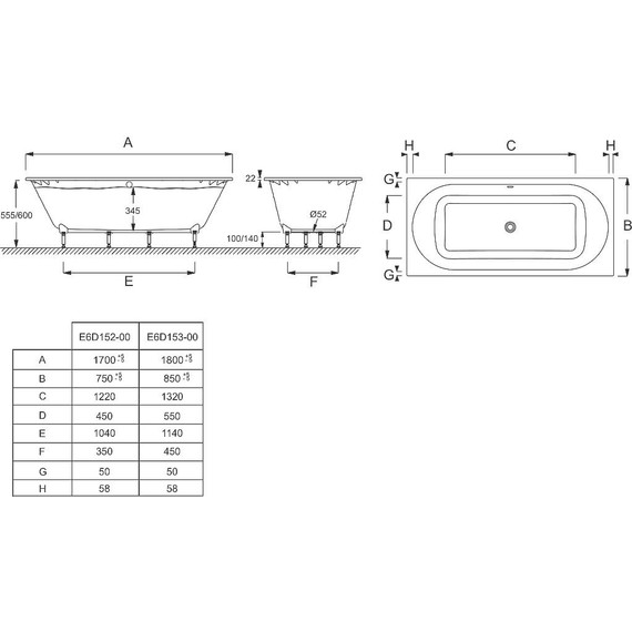 Ванна акриловая Jacob Delafon Odeon Rive Gauche 170х75 см E6D152-00 с ножками, Размер - мм: 1700х750 - фото, картинка 3 Ванна акриловая Jacob Delafon Odeon Rive Gauche 170х75 см E6D152-00 с ножками, Размер - мм: 1700х750 - фото 3