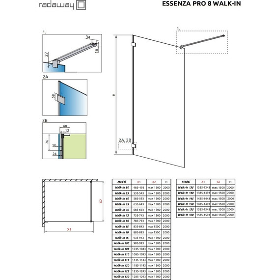 Душевая перегородка Radaway Essenza Pro 8 Gold Walk-in 55х200 см 1012055-09-01 (стекло 8 мм), золото/прозрачное - фото 6