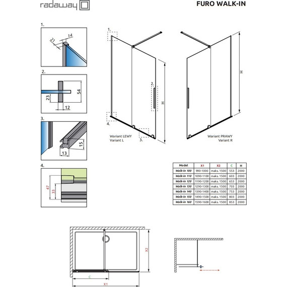 Душевая перегородка Radaway Furo Gold Walk-in 100х200 см 10106538-09-01R (стекло 8 мм), золото/прозрачное - фото 4