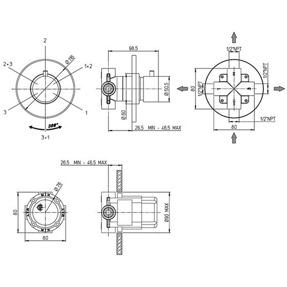 Переключатель потоков на три потребителя Paini Cox 78PZ471, черный - фото 4