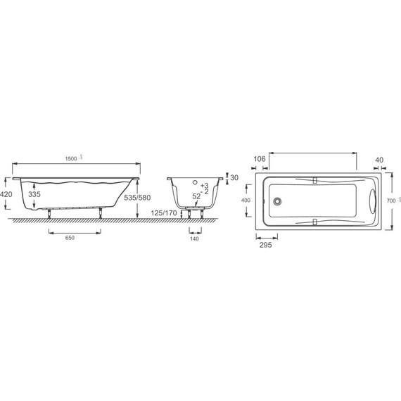 Ванна акриловая Jacob Delafon Odeon Up 150х70 см E6060RU-00, Размер - мм: 1500х700 - фото, картинка 8 Ванна акриловая Jacob Delafon Odeon Up 150х70 см E6060RU-00, Размер - мм: 1500х700 - фото 8