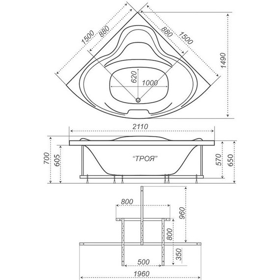 Ванна акриловая 1500х1500х625 Тритон Троя с каркасом - фото 9