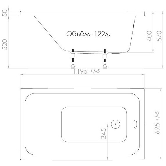 Ванна акриловая Тритон Ультра 120х70 см, Размер - мм: 1200х700 - фото 7