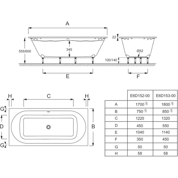 Ванна акриловая Jacob Delafon Odeon Rive Gauche 180х85 см E6D153-00 с ножками, Размер - мм: 1800х850 - фото, картинка 4 Ванна акриловая Jacob Delafon Odeon Rive Gauche 180х85 см E6D153-00 с ножками, Размер - мм: 1800х850 - фото 4