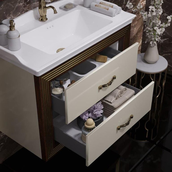 Тумба подвесная с раковиной Opadiris Карат 80 см, белый глянцевый/золотая патина - фото 4