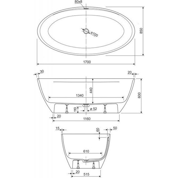 Ванна отдельностоящая Cezares Titan Oval 170х85 см - фото 4