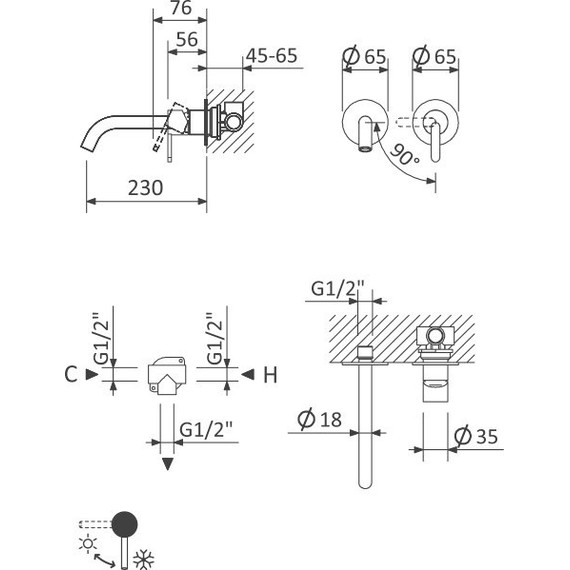 Смеситель для раковины настенный Cezares LEAF-BLI2-NOP, черный матовый, Цвет производителя: чёрный матовый - фото 2