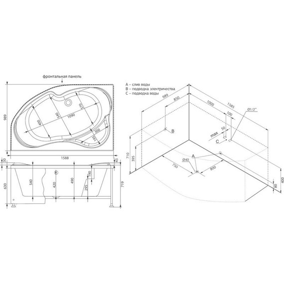 Ванна акриловая Aquanet Capri 160x100 см 203911 L, Размер - мм: 1600х1000 - фото 14
