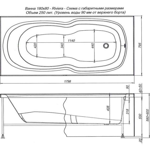 Ванна акриловая Aquanet Riviera 180х80 см 230997 - фото 7