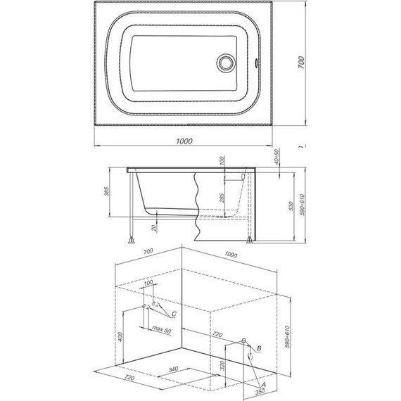 Ванна акриловая Aquanet Seed 100х70 см 216308, Размер - мм: 1000х700 - фото, картинка 11 Ванна акриловая Aquanet Seed 100х70 см 216308, Размер - мм: 1000х700 - фото 11