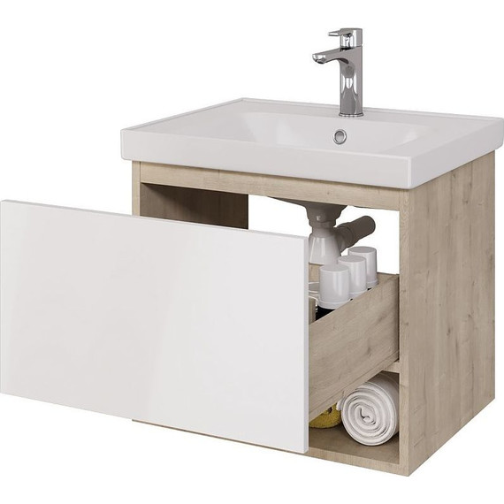 Тумба подвесная с раковиной Dreja Perfecto 60 см 99.0811, дуб эврика/белый глянец - фото 4