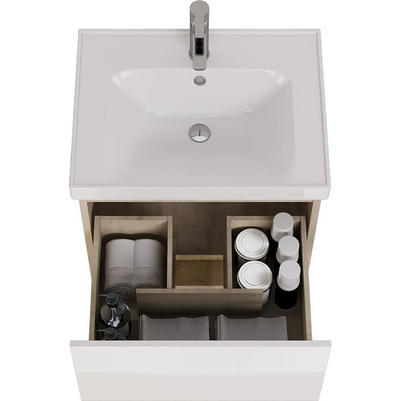 Тумба подвесная с раковиной Dreja Perfecto 60 см 99.0811, дуб эврика/белый глянец - фото 6