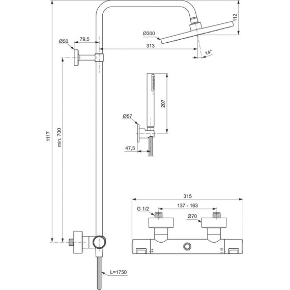 Душевая стойка с термостатом Ideal Standard Ceratherm T25 BC748XG, черный матовый - фото, картинка 2 Душевая стойка с термостатом Ideal Standard Ceratherm T25 BC748XG, черный матовый - фото 2