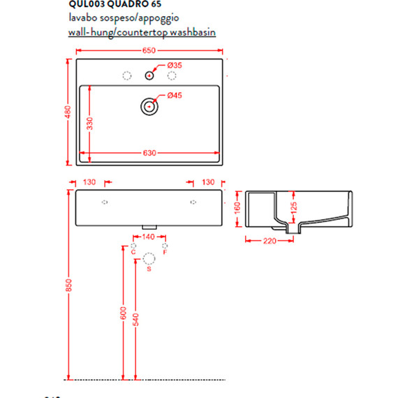 Раковина Artceram Quadro 65 см QUL003 01 00 - фото 5