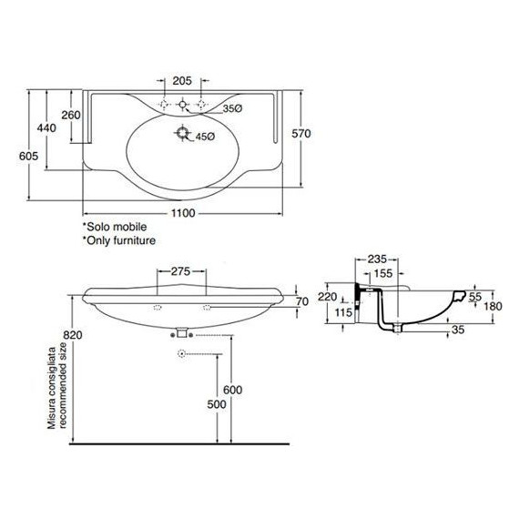 Раковина подвесная Azzurra Giunone 110 см GIU200110/ALZA bi*1 - фото 3