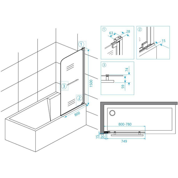 Шторка для ванны RGW SC-02 80 см 03110208-11 (стекло 8 мм), хром/прозрачное - фото 4
