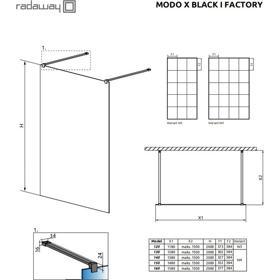 Душевая перегородка Radaway Modo X Black I Factory 160x200 см 388364-54-57 (стекло 10 мм), черный/прозрачное - фото 4