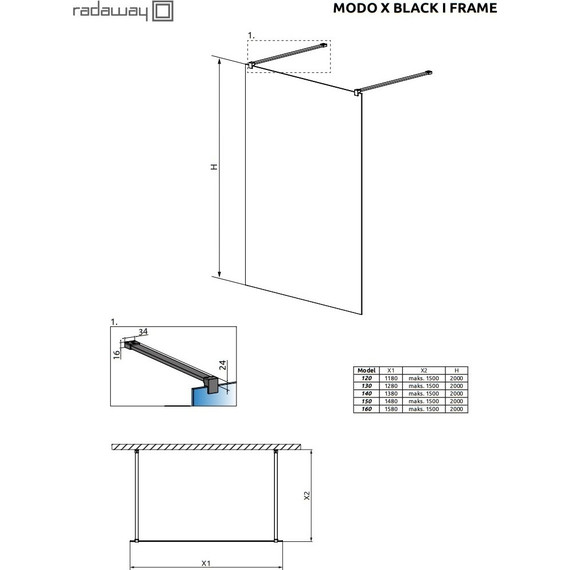 Душевая перегородка Radaway Modo X Black I Frame 160x200 см 388364-54-58 (стекло 10 мм), черный/прозрачное - фото 4