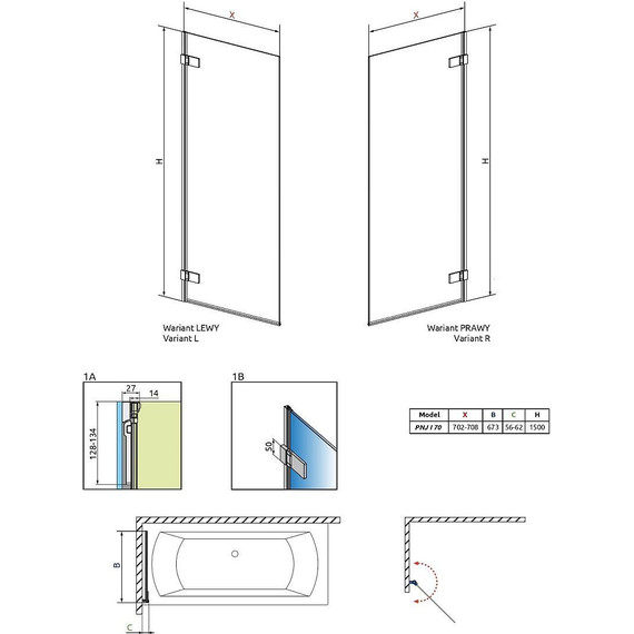 Шторка для ванны Radaway Arta PNJ I 70 см 210101-01L (стекло 8 мм), хром/прозрачное - фото, картинка 5 Шторка для ванны Radaway Arta PNJ I 70 см 210101-01L (стекло 8 мм), хром/прозрачное - фото 5