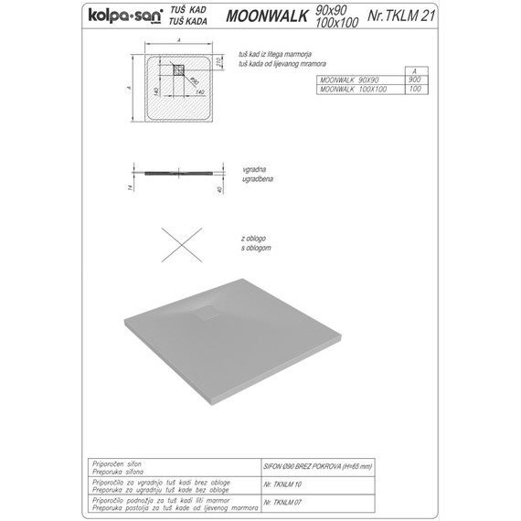 Мраморный поддон Kolpa-San Moonwalk 100x100 см, manhattan - фото 3