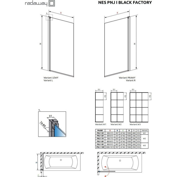 Шторка для ванны Radaway Nes Black PNJ I Factory 90 см 10011090-54-55R, черный/прозрачное - фото 4
