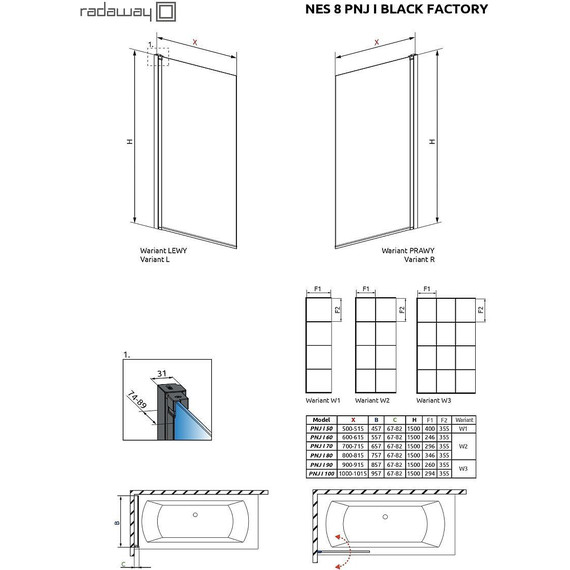 Шторка для ванны Radaway Nes 8 Black PNJ I Factory 100 см 10061100-54-55R (стекло 8 мм), черный/прозрачное - фото 4