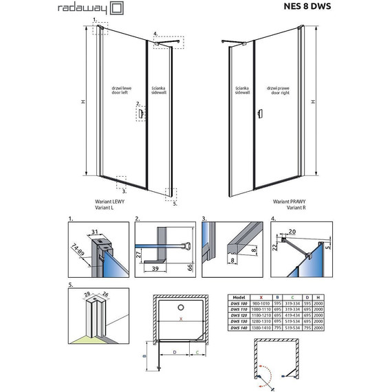 Душевая дверь Radaway Nes 8 DWS 110 см L (стекло 8 мм), хром/прозрачное - фото 6