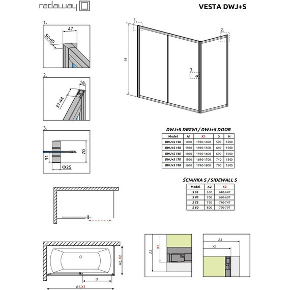 Шторка для ванны Radaway Vesta DWJ+S 170x75 см, хром/прозрачное - фото 5