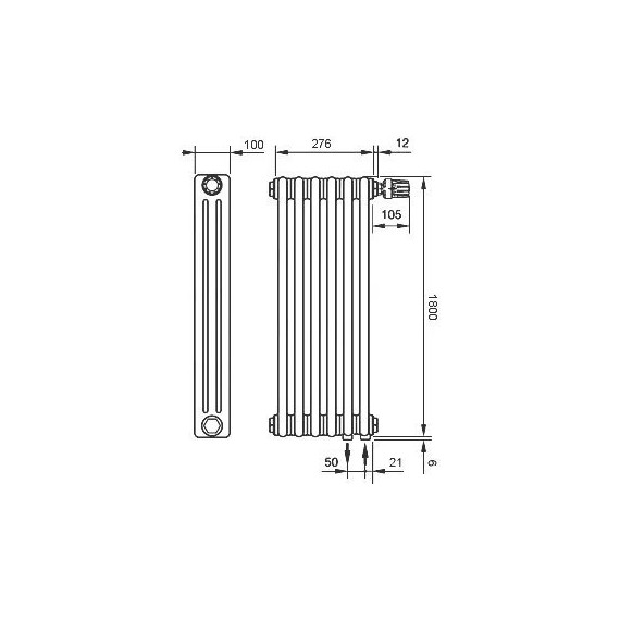 Вертикальный радиатор Zehnder Charleston 3180 300х1800 мм (6 секций) нижнее подключение - фото 6