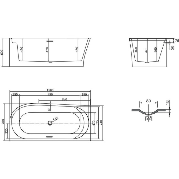 Ванна акриловая Vincea 150x78 см VBT-301-1500L, Размер - мм: 1500х800 - фото 3
