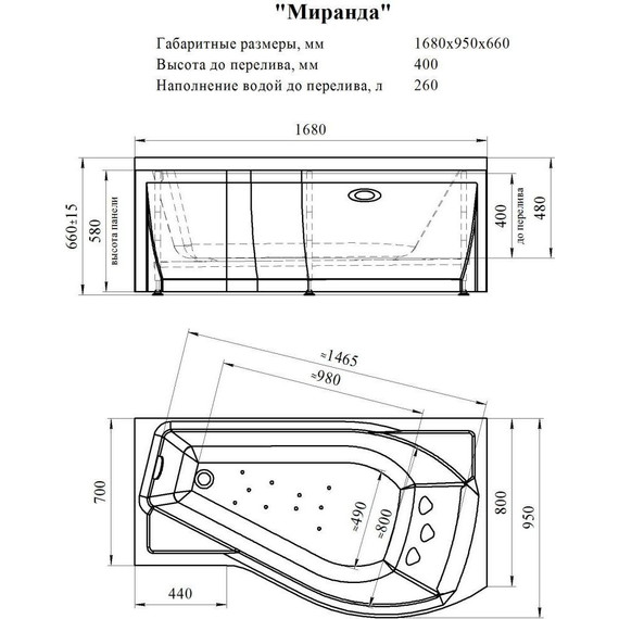 Ванна гидромассажная Радомир Миранда 168x95 см R (Гидромассаж "Классик") - фото 2