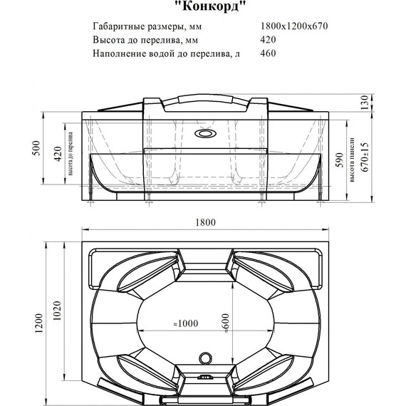 Ванна гидромассажная Радомир Конкорд 180x120 см (Гидромассаж "Фитнес" Gold) - фото 2