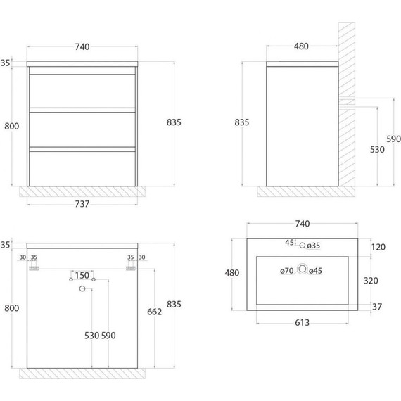 Тумба напольная с раковиной Art&Max Family-750-3C-PIA-PB 75 см, сканди - фото 8