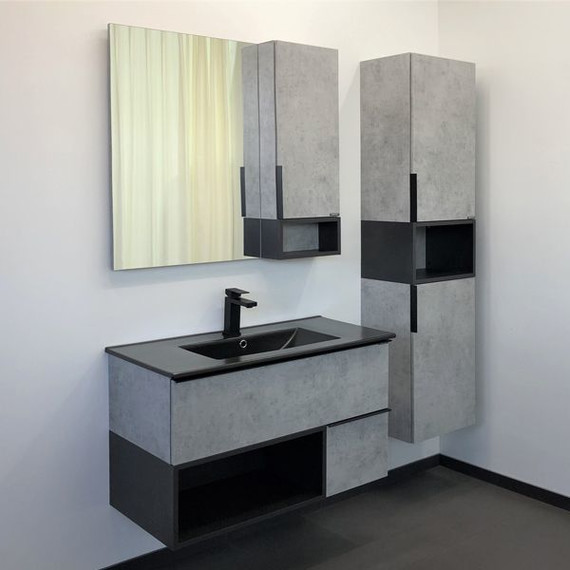 Тумба подвесная с раковиной Comforty Франкфурт 90 см (раковина 90E чёрная), бетон светлый - фото 4