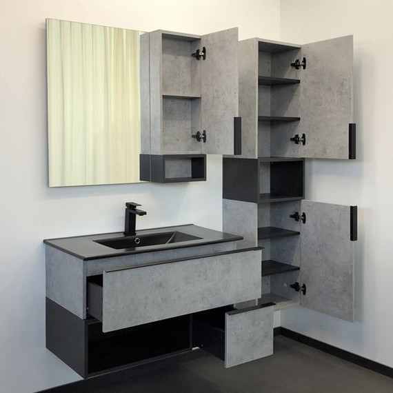 Тумба подвесная с раковиной Comforty Франкфурт 90 см (раковина 90E чёрная), бетон светлый - фото 5