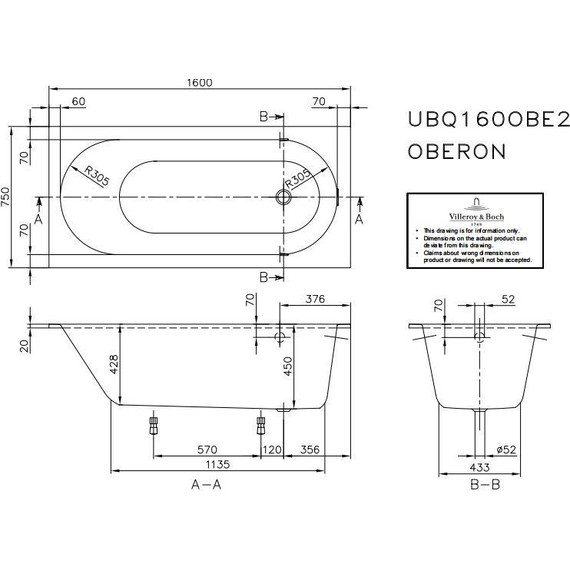 Ванна квариловая Villeroy&Boch Oberon Solo 160x75 см UBQ160OBE2V-01 с ножками - фото 8
